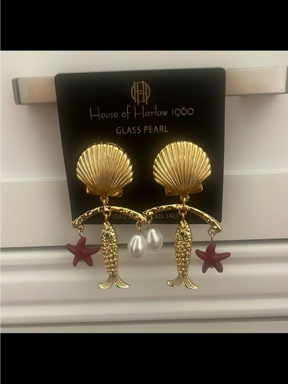 House of Harlow 1960 Gold and Red Seashell Earrings